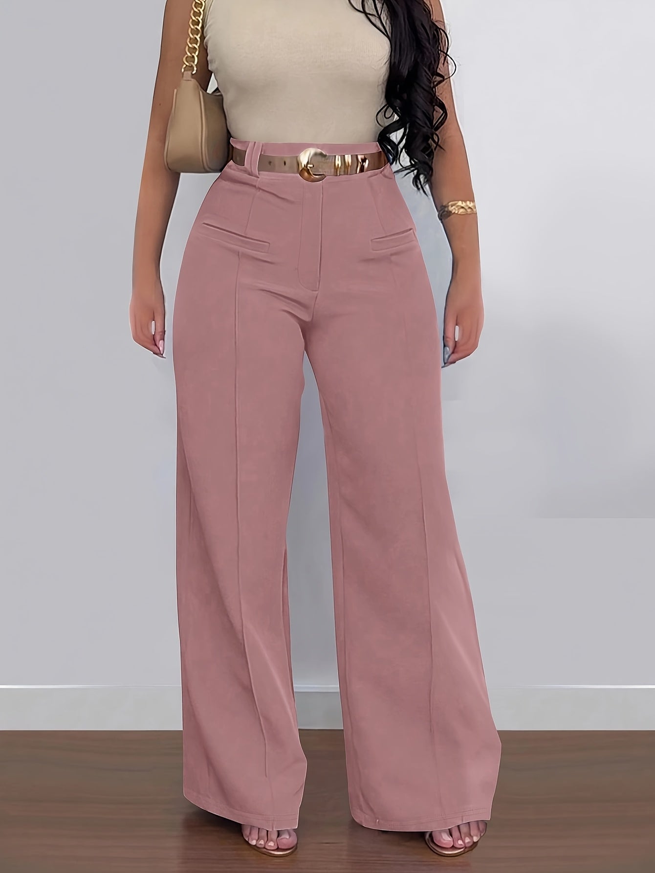 Women's Casual Solid Color Straight Leg Pants, Polyester 95% Spandex 5%, Knit Fabric, All-Season Comfort Fit Trousers, Flexible Fashion | Belted Waistband | Smooth Texture